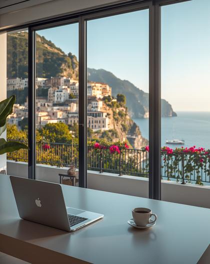 Amalfi Coast digital nomad workspace with stunning Mediterranean views